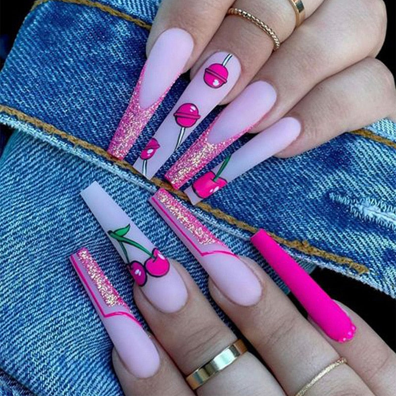 24Pcs Long Square Press on Nails Love Pattern Design Artifical Coffin False Nail Brown French Wearable Full Cover Fake Nail Tips 1651