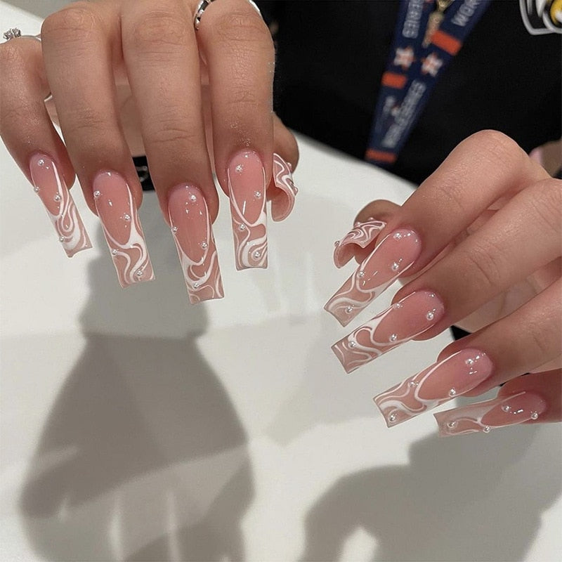 24Pcs Long Square Press on Nails Love Pattern Design Artifical Coffin False Nail Brown French Wearable Full Cover Fake Nail Tips SGCY-97