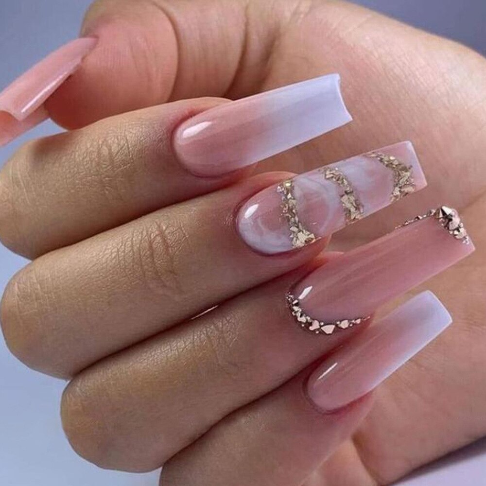24Pcs Long Square Press on Nails Love Pattern Design Artifical Coffin False Nail Brown French Wearable Full Cover Fake Nail Tips 152