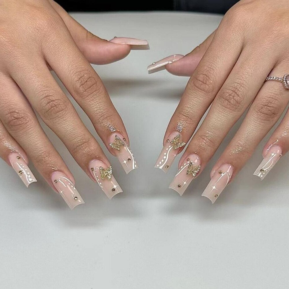 24Pcs Long Square Press on Nails Love Pattern Design Artifical Coffin False Nail Brown French Wearable Full Cover Fake Nail Tips 170