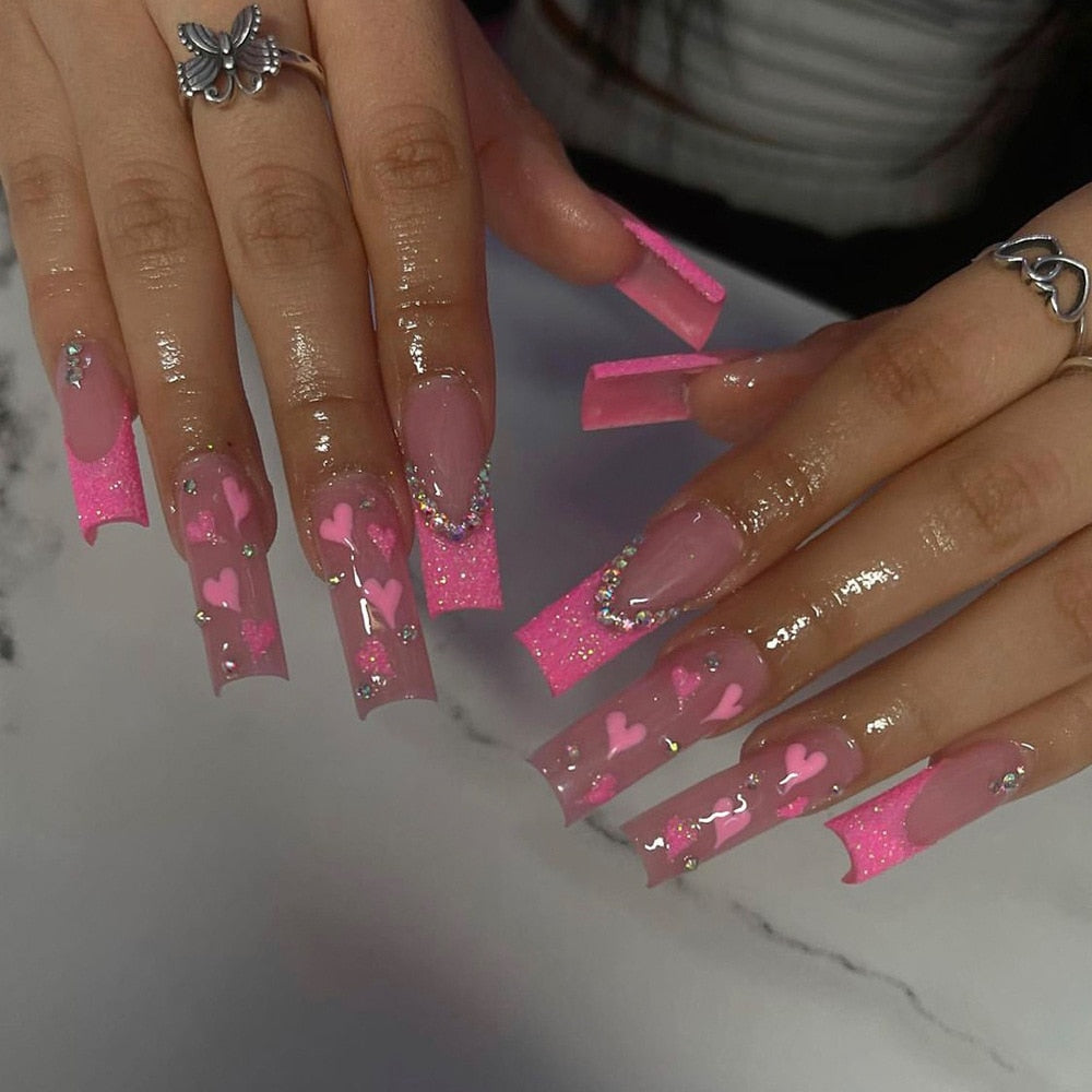 24Pcs Long Square Press on Nails Love Pattern Design Artifical Coffin False Nail Brown French Wearable Full Cover Fake Nail Tips 124