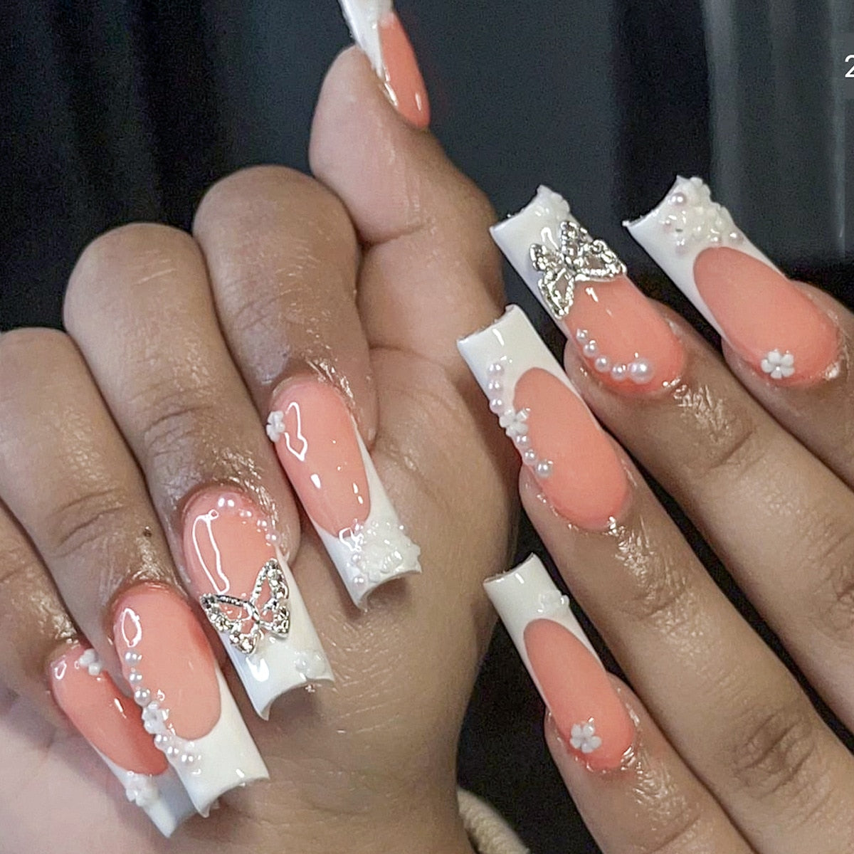 24Pcs Long Square Press on Nails Love Pattern Design Artifical Coffin False Nail Brown French Wearable Full Cover Fake Nail Tips XY-51-16