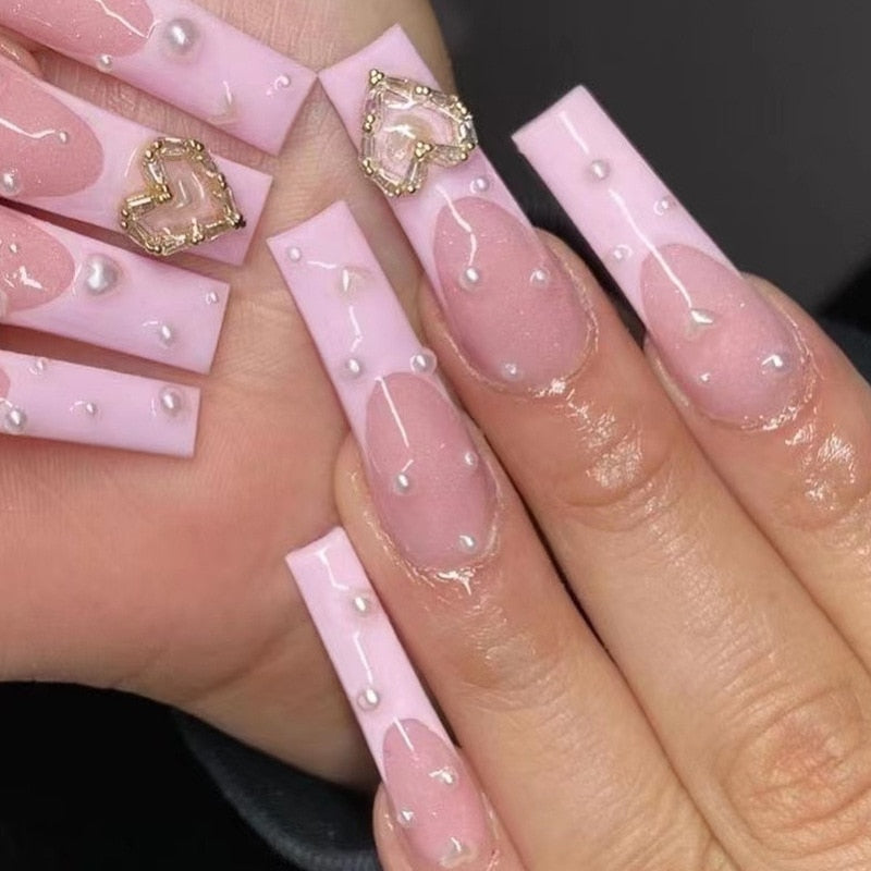 24Pcs Long Square Press on Nails Love Pattern Design Artifical Coffin False Nail Brown French Wearable Full Cover Fake Nail Tips 1615