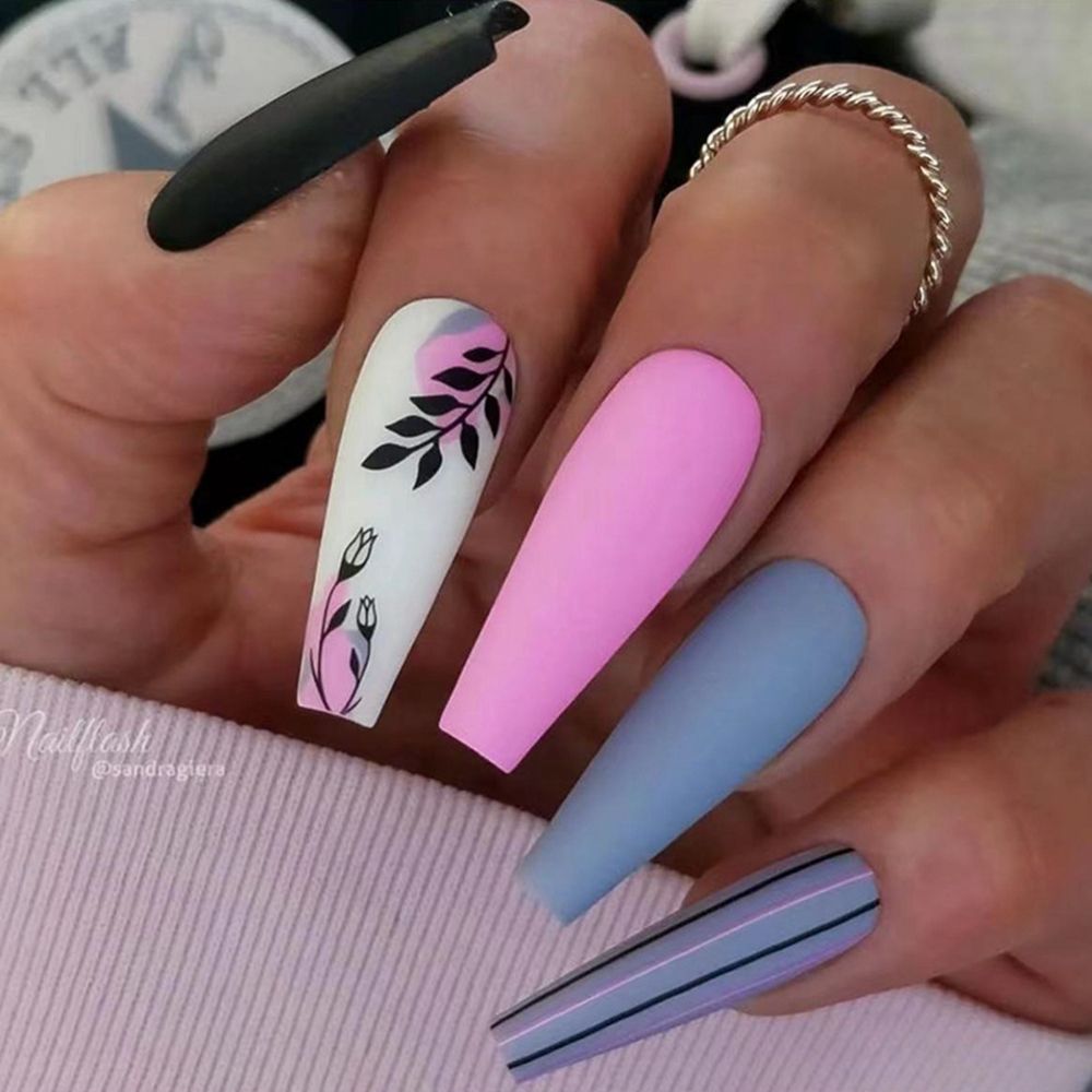 24Pcs Marble Gradient Long Coffin False Nails Full Cover Nail Tips Press Glue Detachable Wearable Gold Foil Ballerina Fake Nails CBLCY63---24Pcs-Set