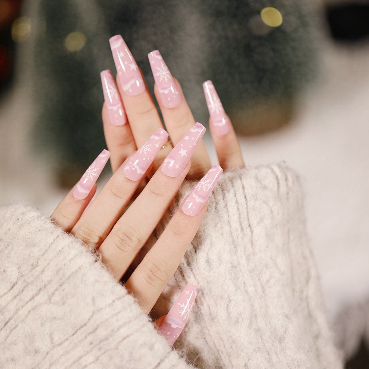 24Pcs Marble Gradient Long Coffin False Nails Full Cover Nail Tips Press Glue Detachable Wearable Gold Foil Ballerina Fake Nails JP1292 --24Pcs-Set