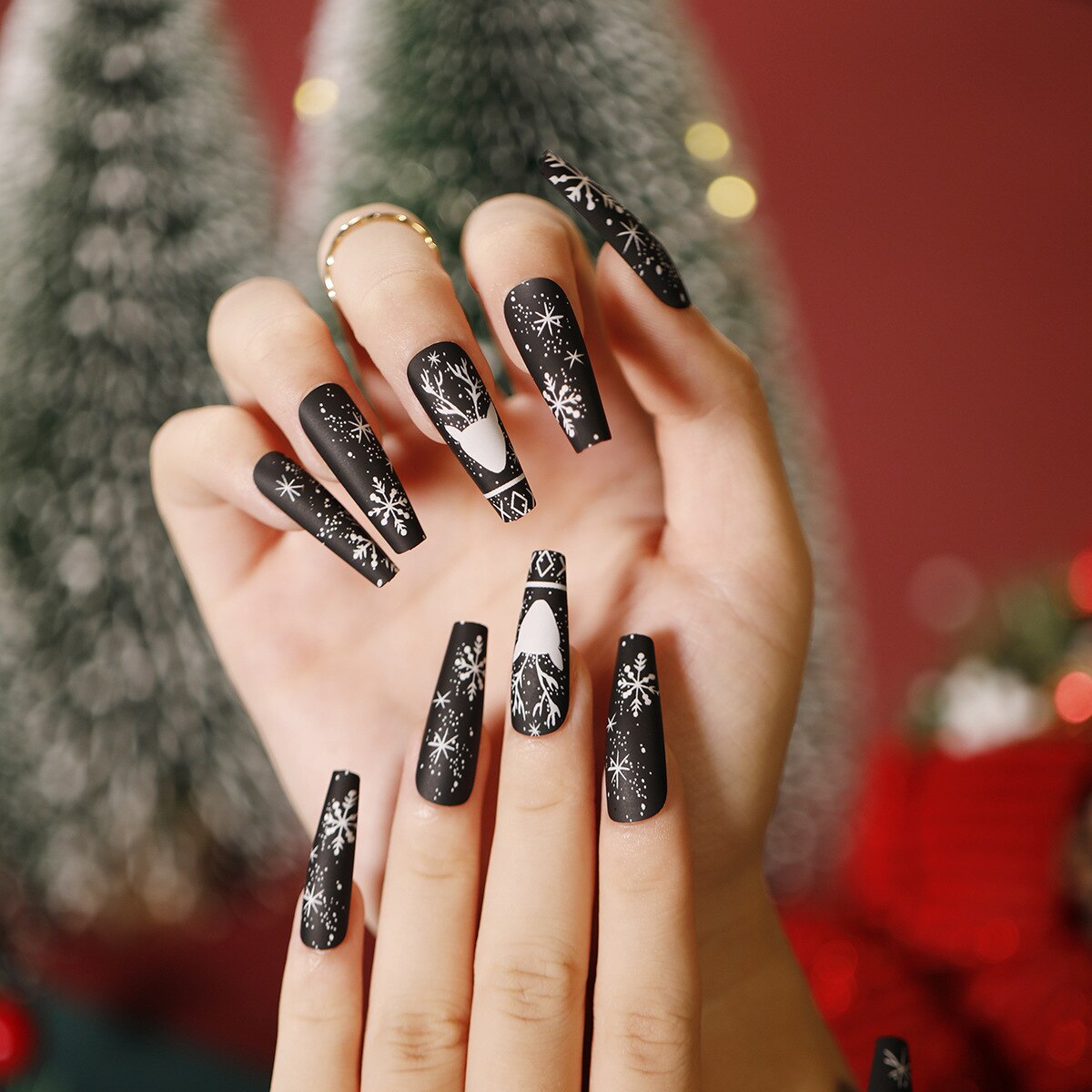 24Pcs Marble Gradient Long Coffin False Nails Full Cover Nail Tips Press Glue Detachable Wearable Gold Foil Ballerina Fake Nails JP1295 --24Pcs-Set