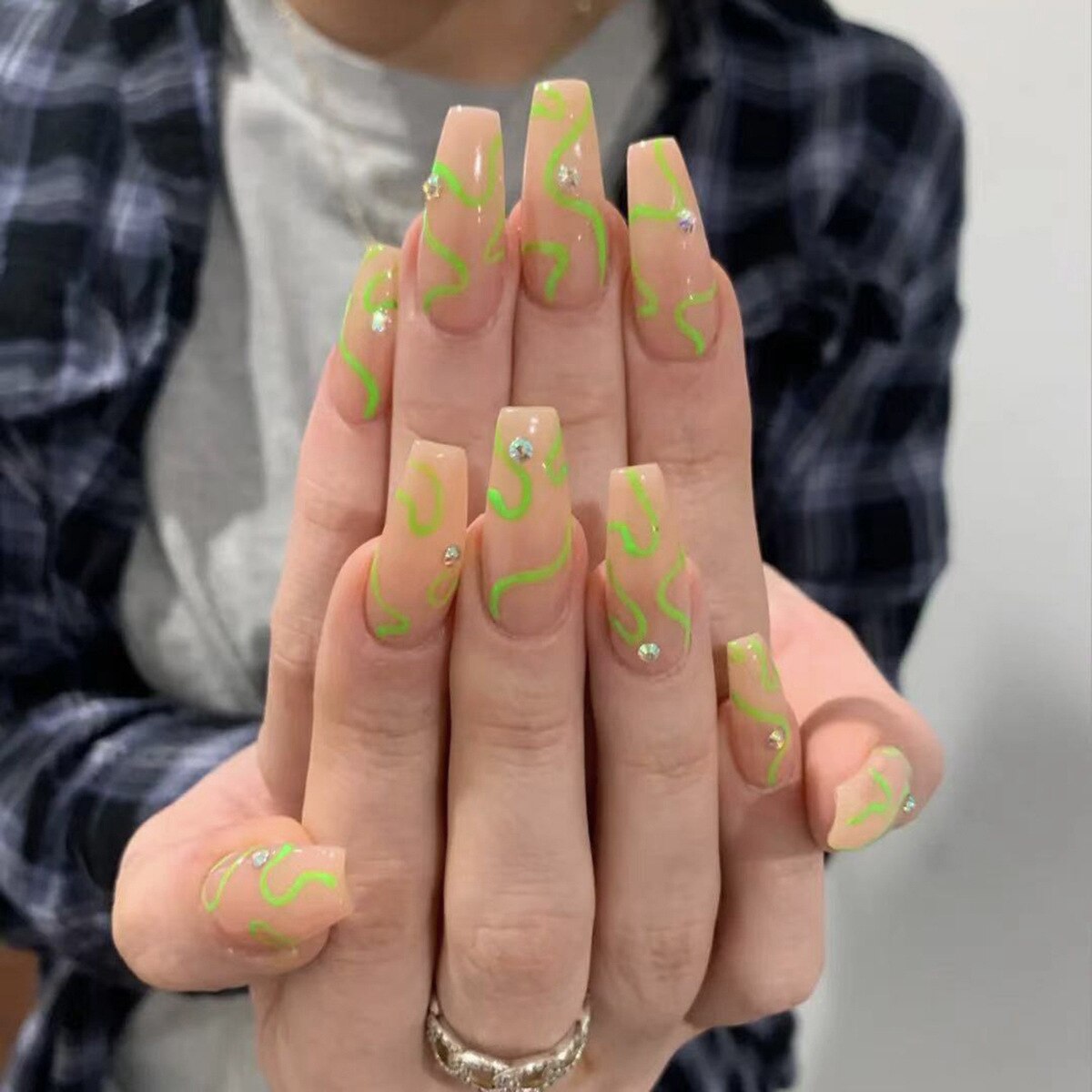 24Pcs Marble Gradient Long Coffin False Nails Full Cover Nail Tips Press Glue Detachable Wearable Gold Foil Ballerina Fake Nails JP1118--24Pcs-Set