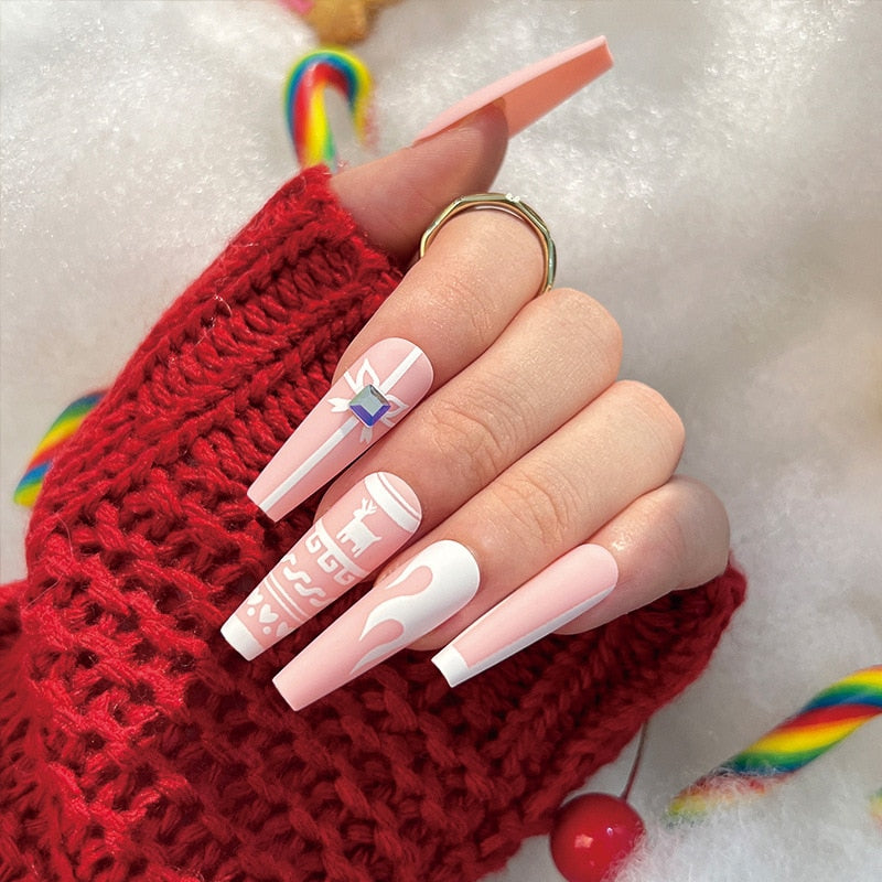 24Pcs Marble Gradient Long Coffin False Nails Full Cover Nail Tips Press Glue Detachable Wearable Gold Foil Ballerina Fake Nails JP1887 --24Pcs-Set