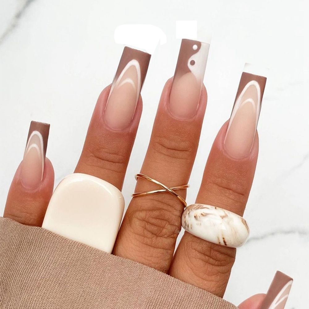 24Pcs Marble Gradient Long Coffin False Nails Full Cover Nail Tips Press Glue Detachable Wearable Gold Foil Ballerina Fake Nails JP1438-24Pcs-Set