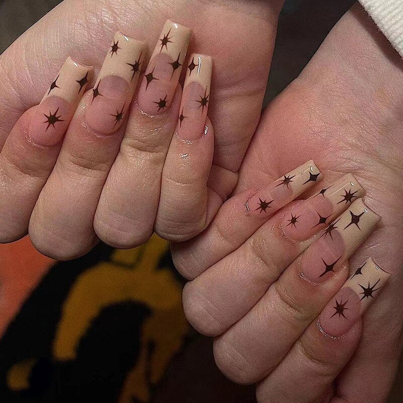24Pcs Marble Gradient Long Coffin False Nails Full Cover Nail Tips Press Glue Detachable Wearable Gold Foil Ballerina Fake Nails JP1730--24Pcs-Set