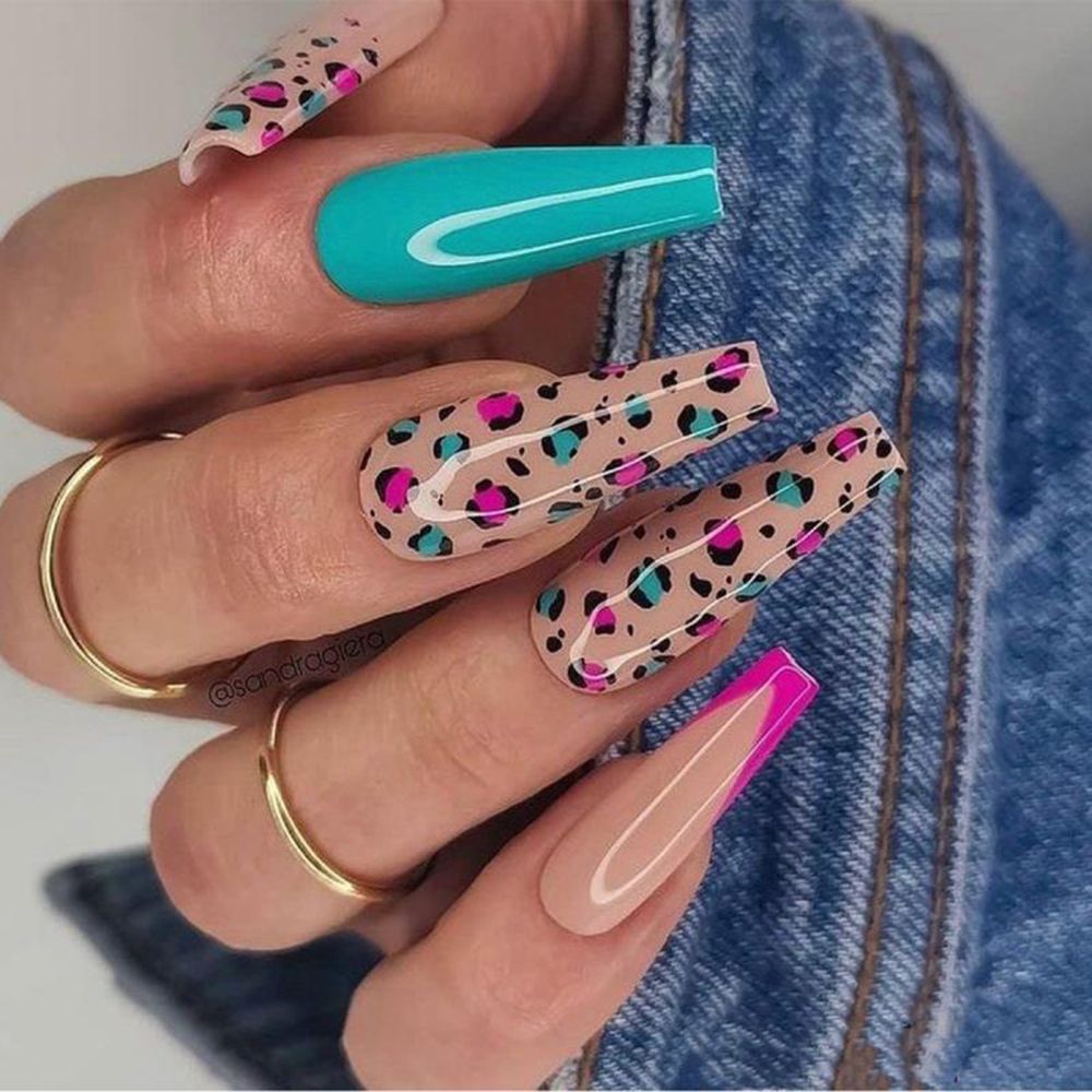 24Pcs Marble Gradient Long Coffin False Nails Full Cover Nail Tips Press Glue Detachable Wearable Gold Foil Ballerina Fake Nails JP1406--24Pcs-Set