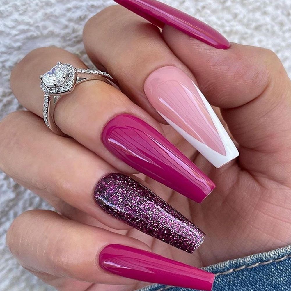 24Pcs Marble Gradient Long Coffin False Nails Full Cover Nail Tips Press Glue Detachable Wearable Gold Foil Ballerina Fake Nails JP1454--24Pcs-Set