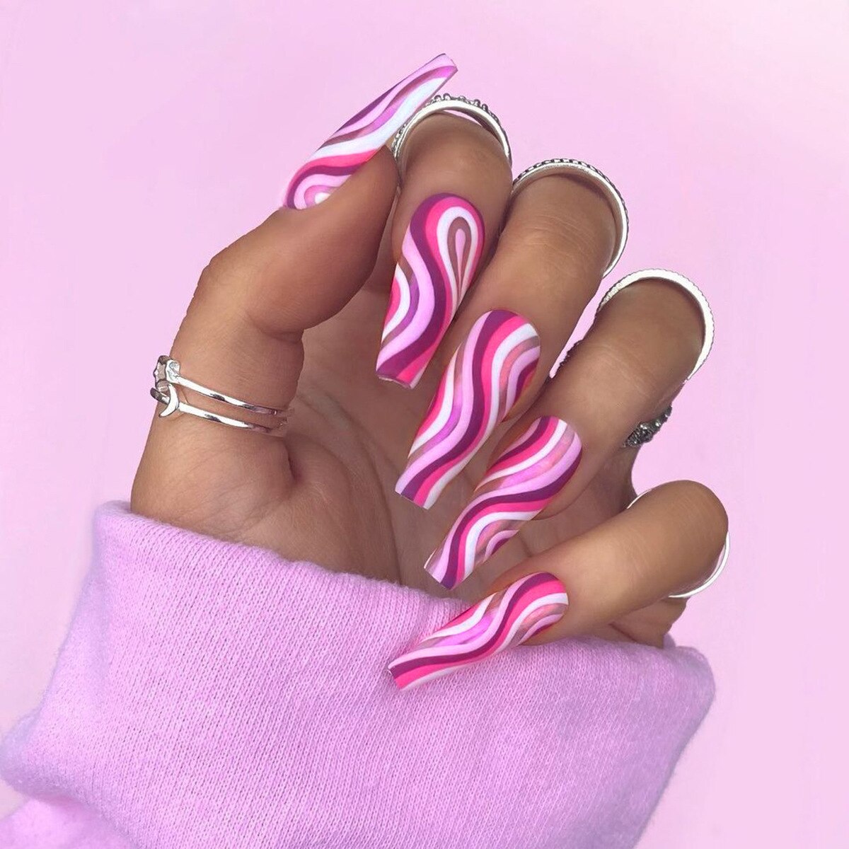 24Pcs Marble Gradient Long Coffin False Nails Full Cover Nail Tips Press Glue Detachable Wearable Gold Foil Ballerina Fake Nails JP1067--24Pcs-Set