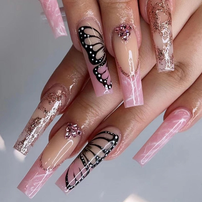24Pcs Marble Gradient Long Coffin False Nails Full Cover Nail Tips Press Glue Detachable Wearable Gold Foil Ballerina Fake Nails JP1467--24Pcs-Set