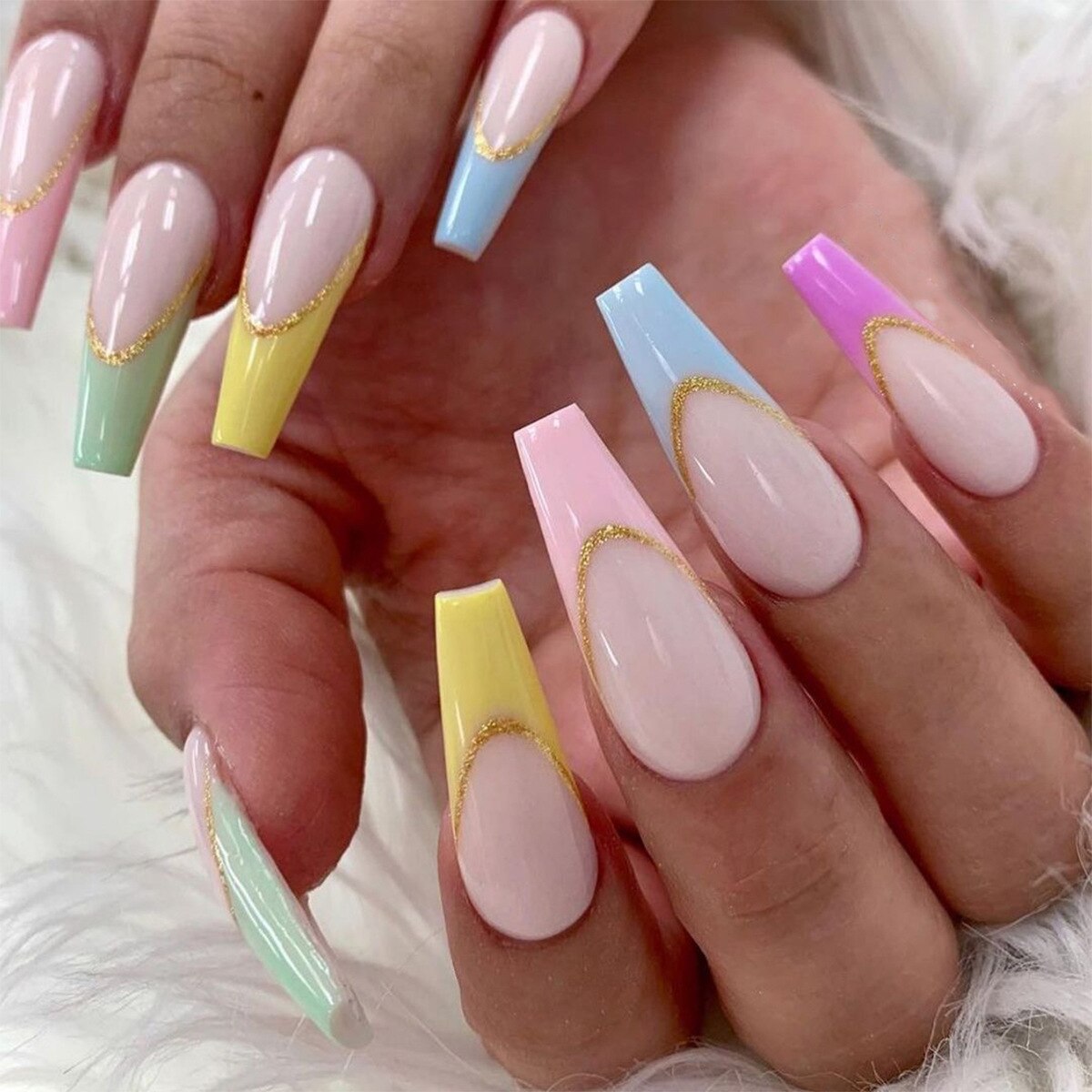 24Pcs Marble Gradient Long Coffin False Nails Full Cover Nail Tips Press Glue Detachable Wearable Gold Foil Ballerina Fake Nails JP1119 --24Pcs-Set
