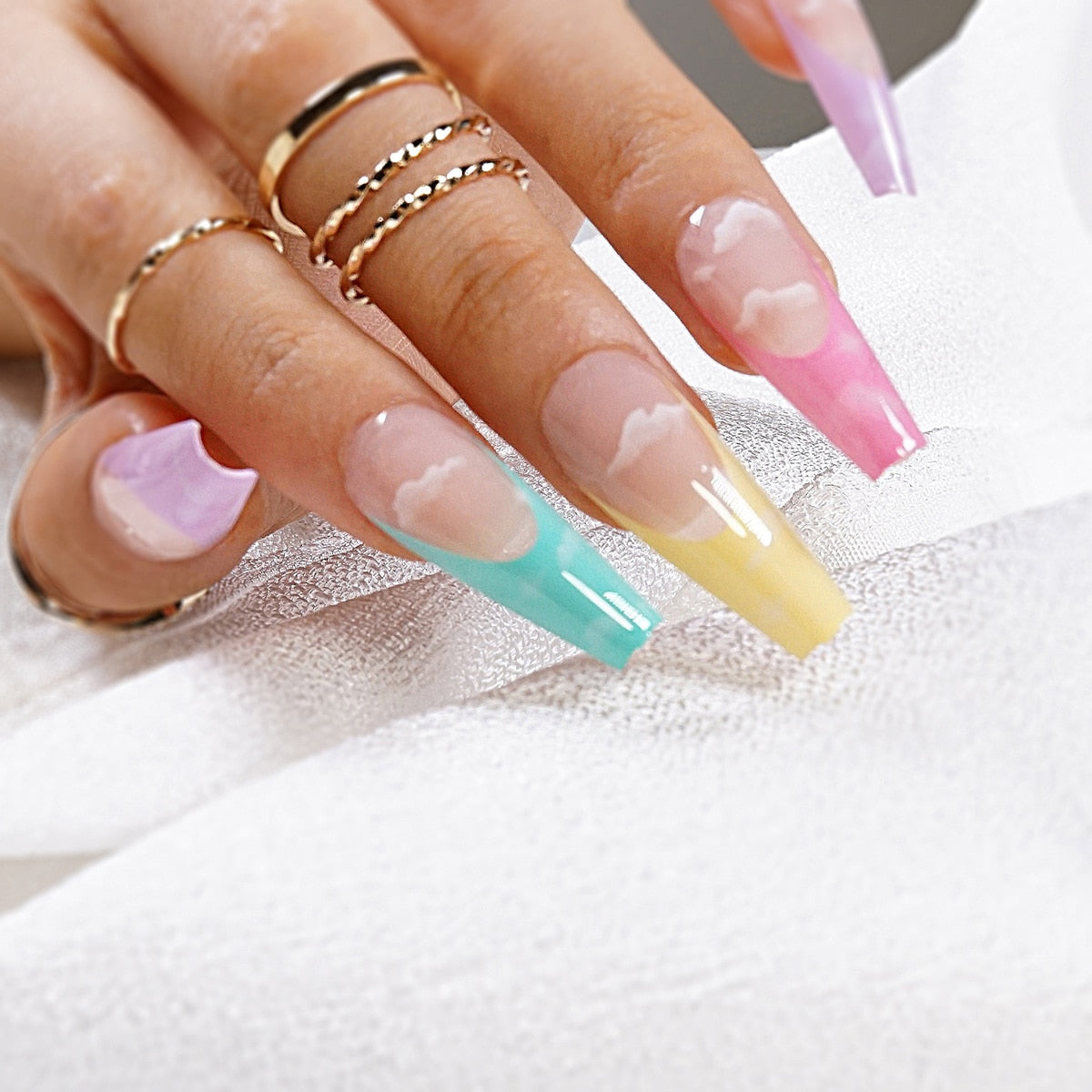 24Pcs Marble Gradient Long Coffin False Nails Full Cover Nail Tips Press Glue Detachable Wearable Gold Foil Ballerina Fake Nails JP1123--24Pcs-Set