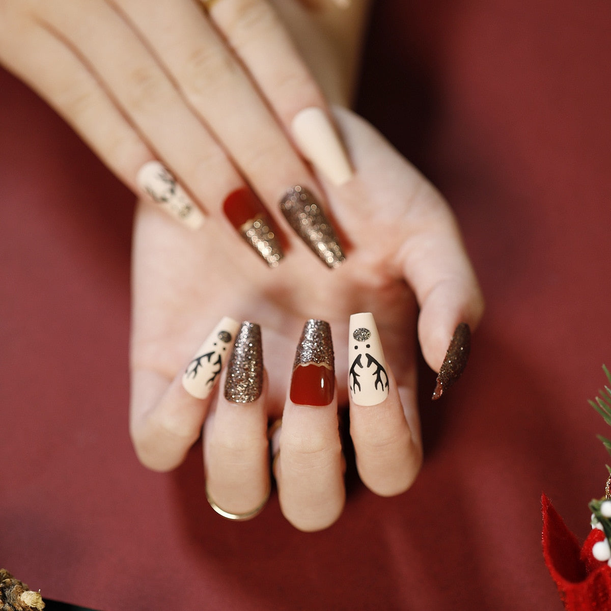 24Pcs Marble Gradient Long Coffin False Nails Full Cover Nail Tips Press Glue Detachable Wearable Gold Foil Ballerina Fake Nails JP1289 --24Pcs-Set