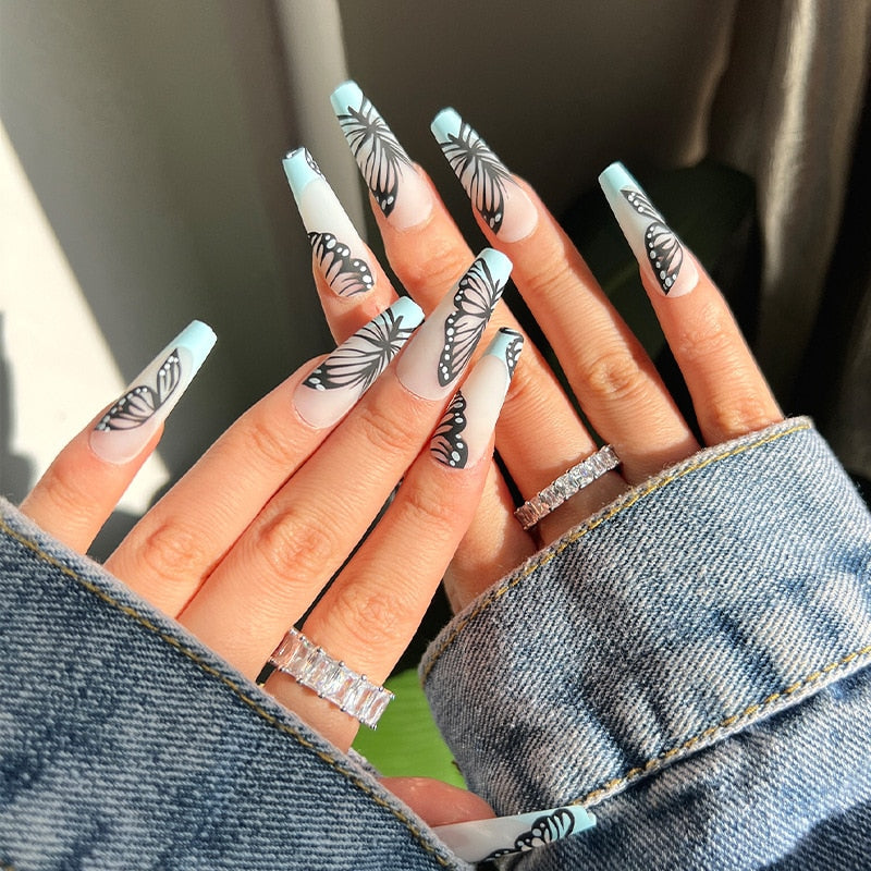 24Pcs Marble Gradient Long Coffin False Nails Full Cover Nail Tips Press Glue Detachable Wearable Gold Foil Ballerina Fake Nails JP1618-24Pcs-Set