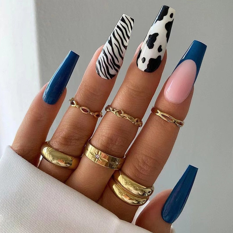 24Pcs Marble Gradient Long Coffin False Nails Full Cover Nail Tips Press Glue Detachable Wearable Gold Foil Ballerina Fake Nails JP1758--24Pcs-Set