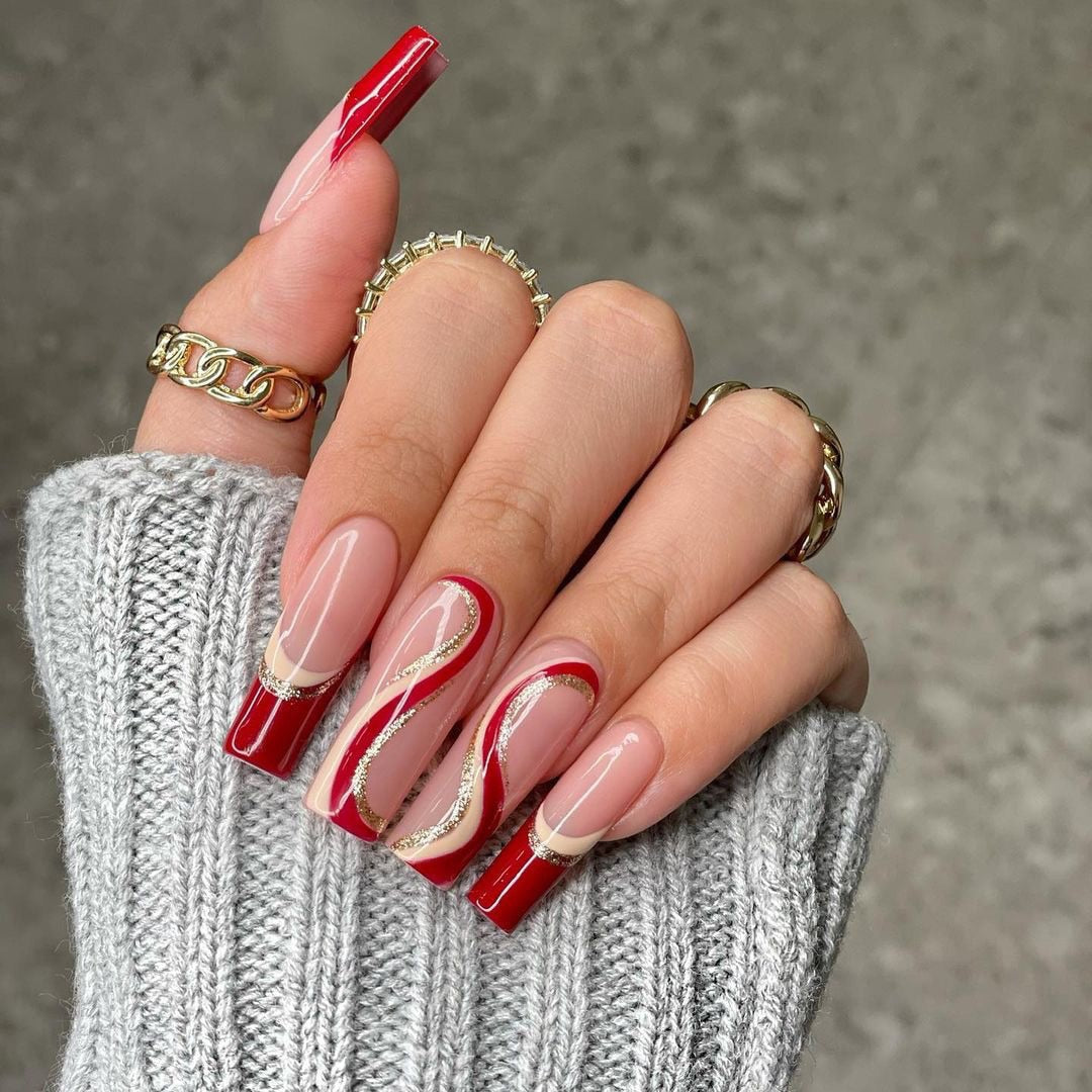 24Pcs Marble Gradient Long Coffin False Nails Full Cover Nail Tips Press Glue Detachable Wearable Gold Foil Ballerina Fake Nails JP1455--24Pcs-Set