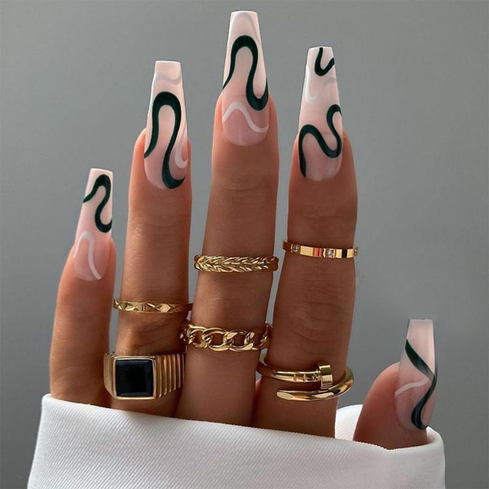 24Pcs Marble Gradient Long Coffin False Nails Full Cover Nail Tips Press Glue Detachable Wearable Gold Foil Ballerina Fake Nails JP1416--24Pcs-Set