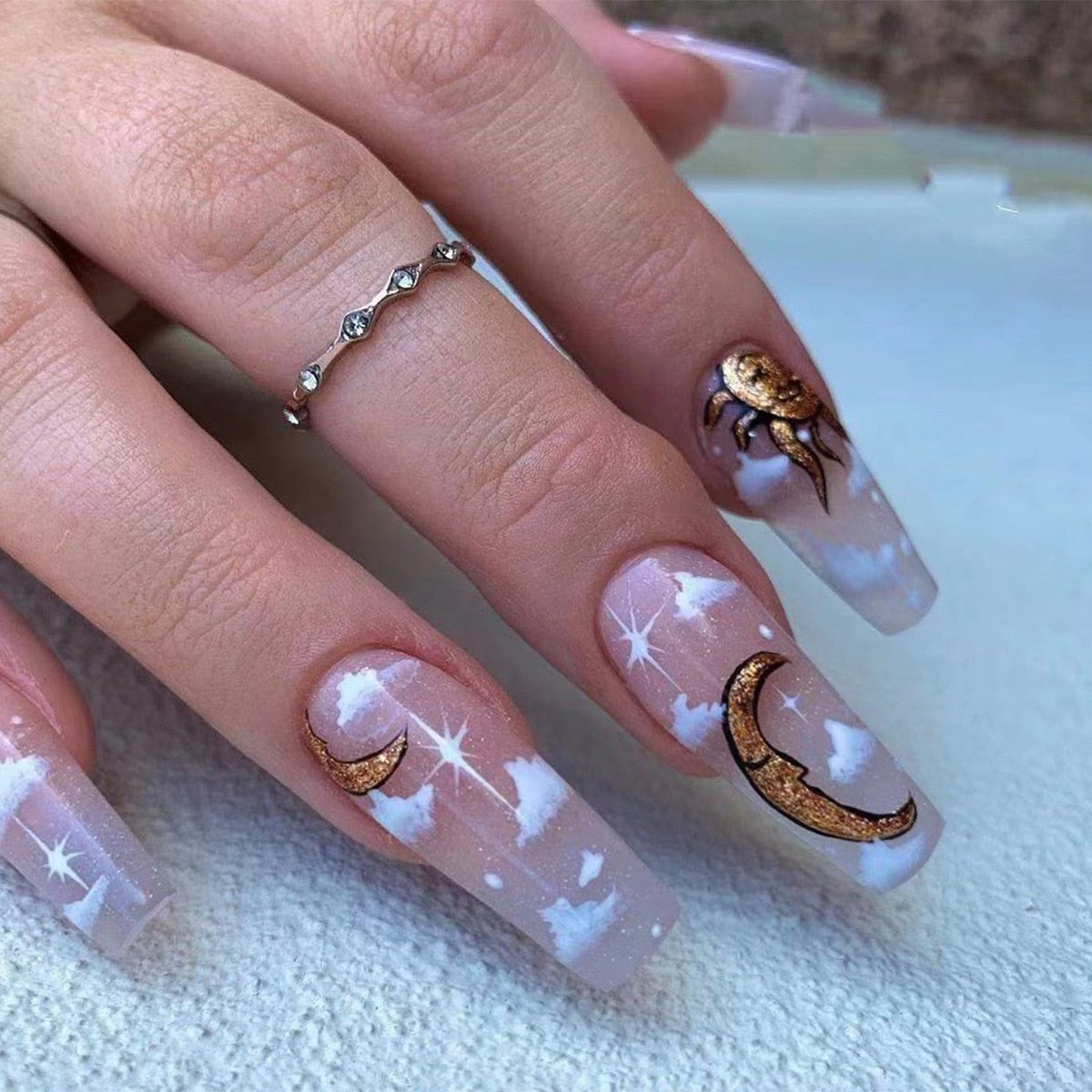 24Pcs Marble Gradient Long Coffin False Nails Full Cover Nail Tips Press Glue Detachable Wearable Gold Foil Ballerina Fake Nails JP1017--24Pcs-Set