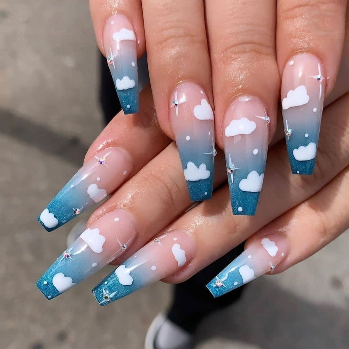 24Pcs Marble Gradient Long Coffin False Nails Full Cover Nail Tips Press Glue Detachable Wearable Gold Foil Ballerina Fake Nails JP1014---24Pcs-Set