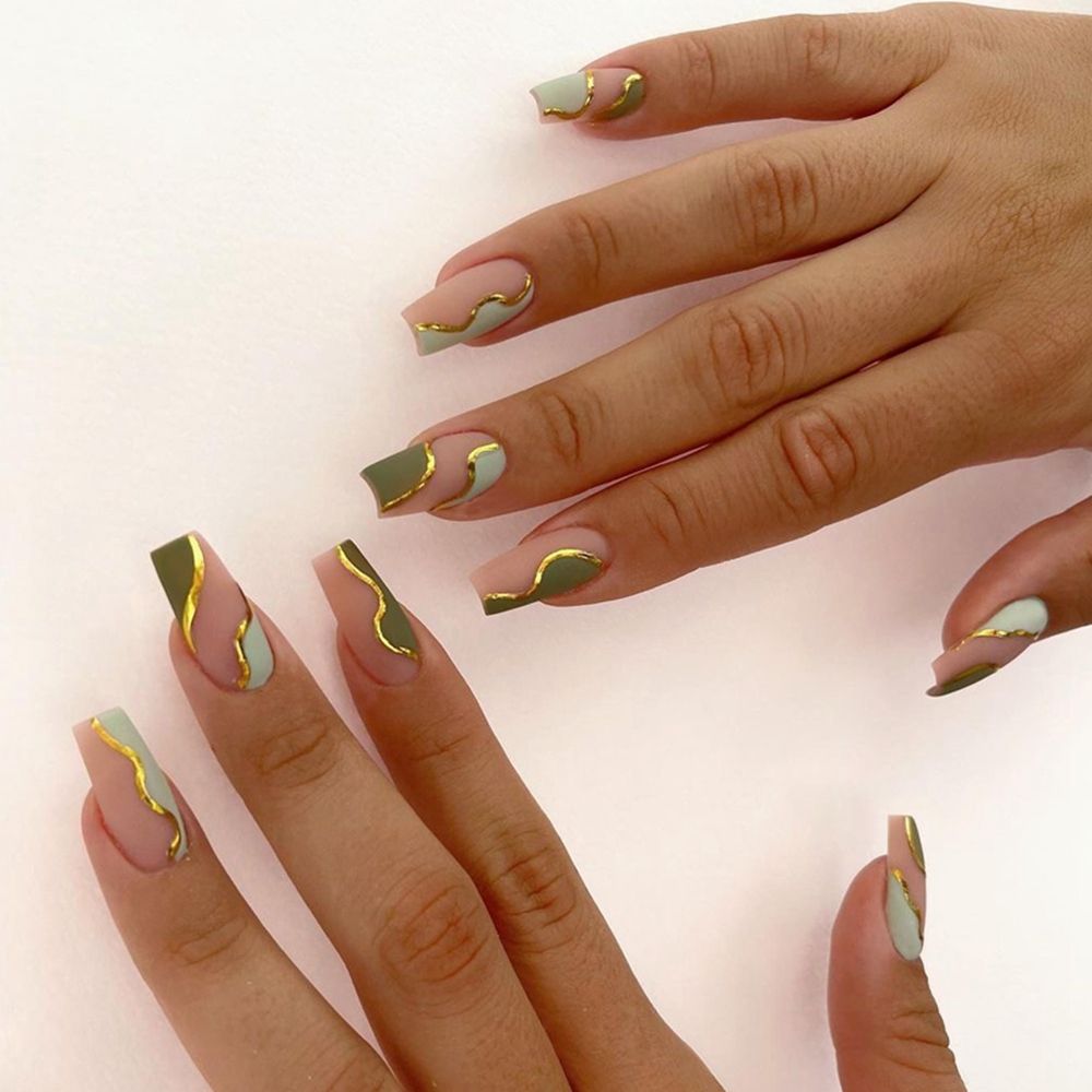 24Pcs Marble Gradient Long Coffin False Nails Full Cover Nail Tips Press Glue Detachable Wearable Gold Foil Ballerina Fake Nails JP1429-24Pcs-Set