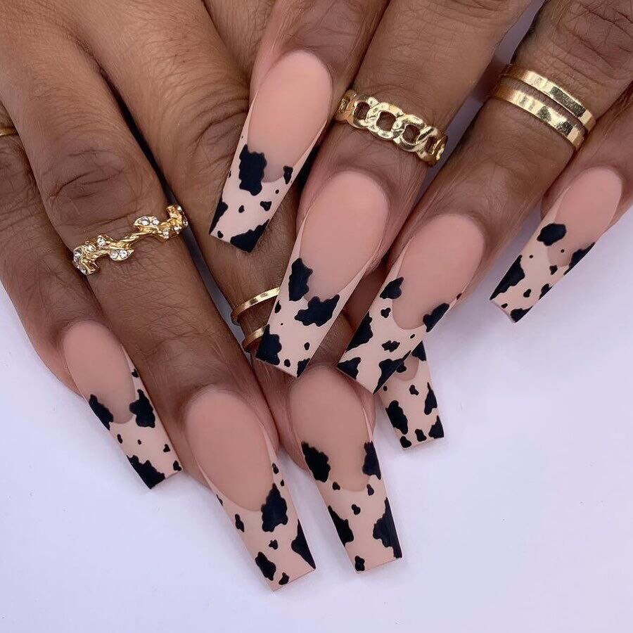 24Pcs Marble Gradient Long Coffin False Nails Full Cover Nail Tips Press Glue Detachable Wearable Gold Foil Ballerina Fake Nails JP1415--24Pcs-Set