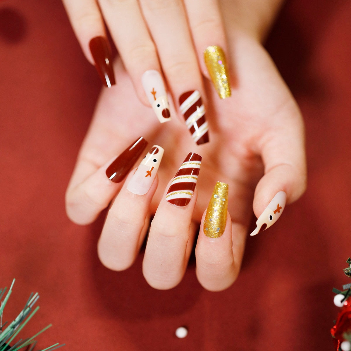 24Pcs Marble Gradient Long Coffin False Nails Full Cover Nail Tips Press Glue Detachable Wearable Gold Foil Ballerina Fake Nails JP1285 --24Pcs-Set