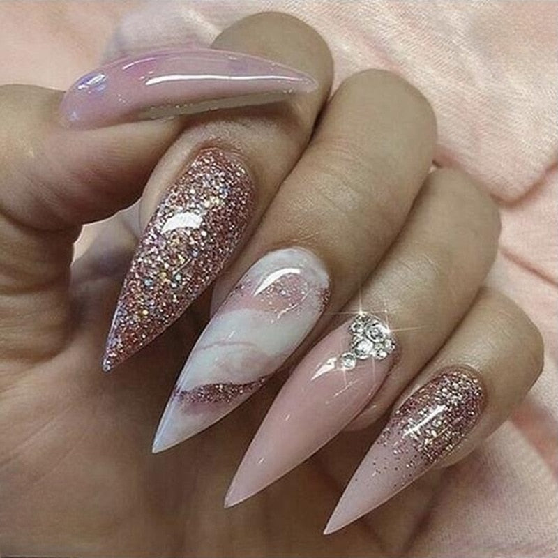 24Pcs Oval Head False Nails Almond Artificial Fake Nails With Glue Full Cover Nail Tips Press On Nails DIY Manicure Tools