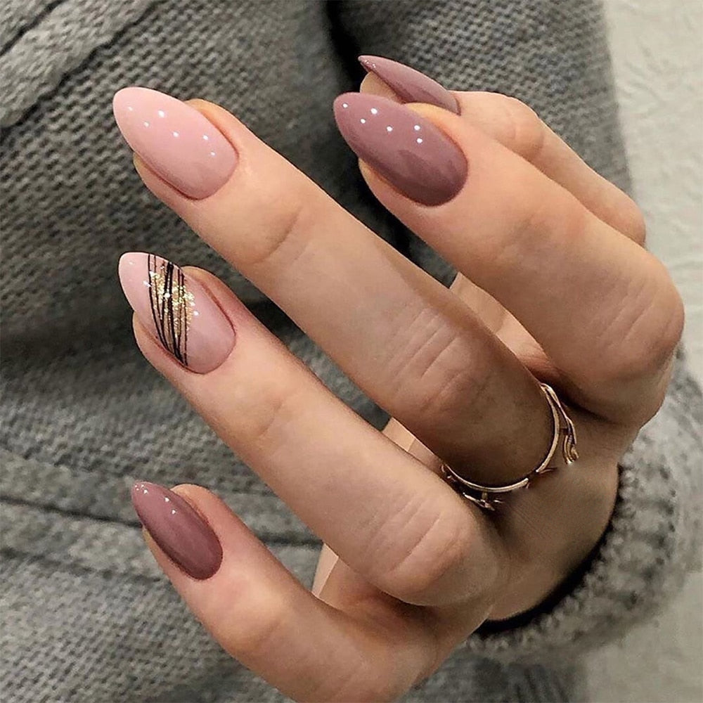 24Pcs Oval Head False Nails Pink Almond Artificial Fake Nails With Glue Full Cover Nail Tips Press On Nails DIY Manicure Tools A0