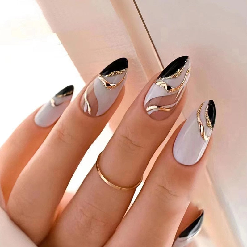 24Pcs Oval Head False Nails Pink Almond Artificial Fake Nails With Glue Full Cover Nail Tips Press On Nails DIY Manicure Tools B21-18