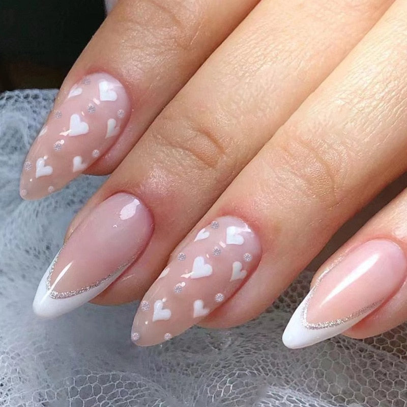 24Pcs Oval Head False Nails Pink Almond Artificial Fake Nails With Glue Full Cover Nail Tips Press On Nails DIY Manicure Tools B83-13