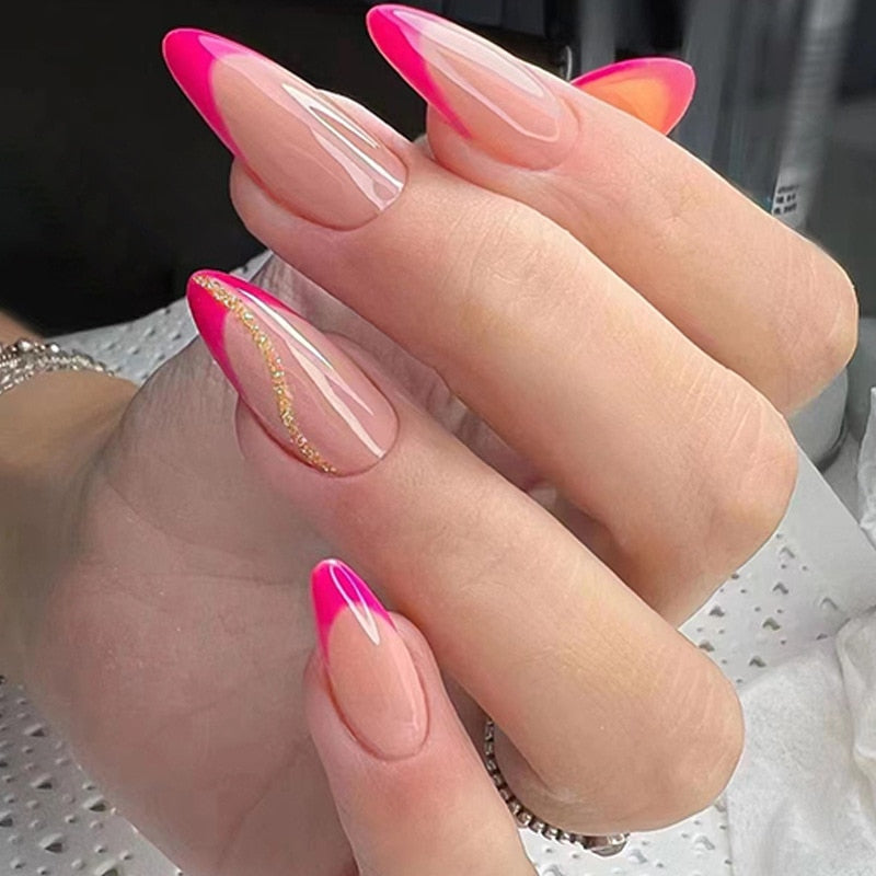 24Pcs Oval Head False Nails Pink Almond Artificial Fake Nails With Glue Full Cover Nail Tips Press On Nails DIY Manicure Tools A7