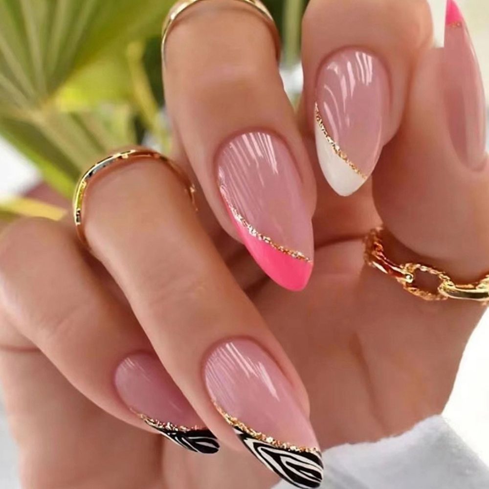 24Pcs Oval Head False Nails Pink Almond Artificial Fake Nails With Glue Full Cover Nail Tips Press On Nails DIY Manicure Tools A87-1