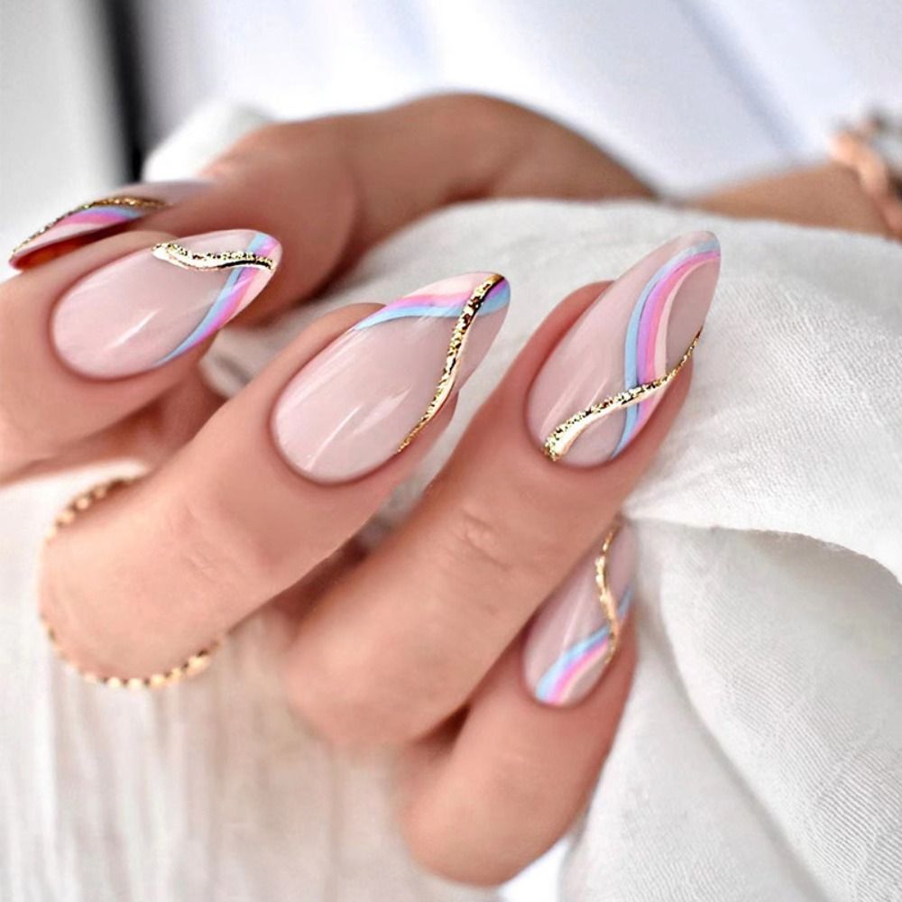 24Pcs Oval Head False Nails Pink Almond Artificial Fake Nails With Glue Full Cover Nail Tips Press On Nails DIY Manicure Tools JP1694