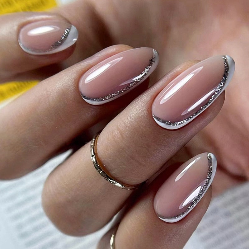 24Pcs Oval Head False Nails Pink Almond Artificial Fake Nails With Glue Full Cover Nail Tips Press On Nails DIY Manicure Tools B67-17