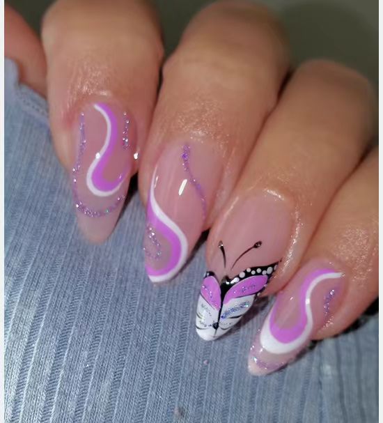 24Pcs Oval Head False Nails Pink Almond Artificial Fake Nails With Glue Full Cover Nail Tips Press On Nails DIY Manicure Tools C46-2