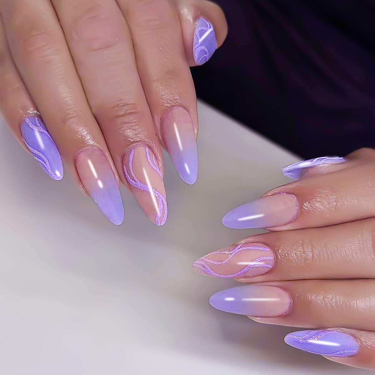 24Pcs Oval Head False Nails Pink Almond Artificial Fake Nails With Glue Full Cover Nail Tips Press On Nails DIY Manicure Tools deep blue