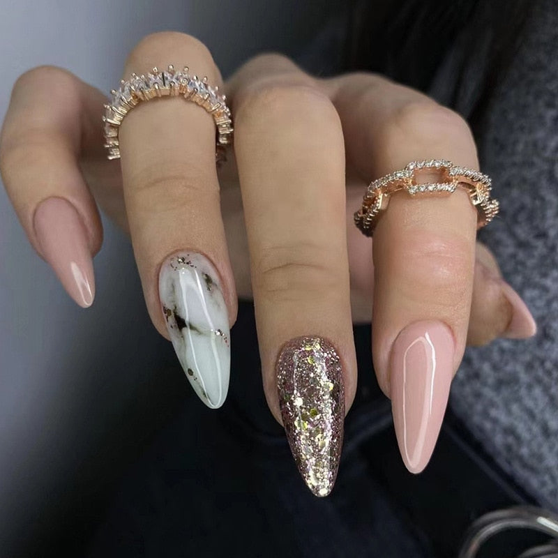 24Pcs Oval Head False Nails Pink Almond Artificial Fake Nails With Glue Full Cover Nail Tips Press On Nails DIY Manicure Tools XB