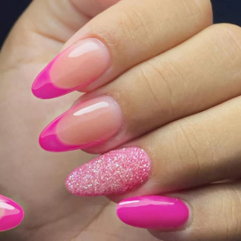 24Pcs Oval Head False Nails Pink Almond Artificial Fake Nails With Glue Full Cover Nail Tips Press On Nails DIY Manicure Tools Ivory