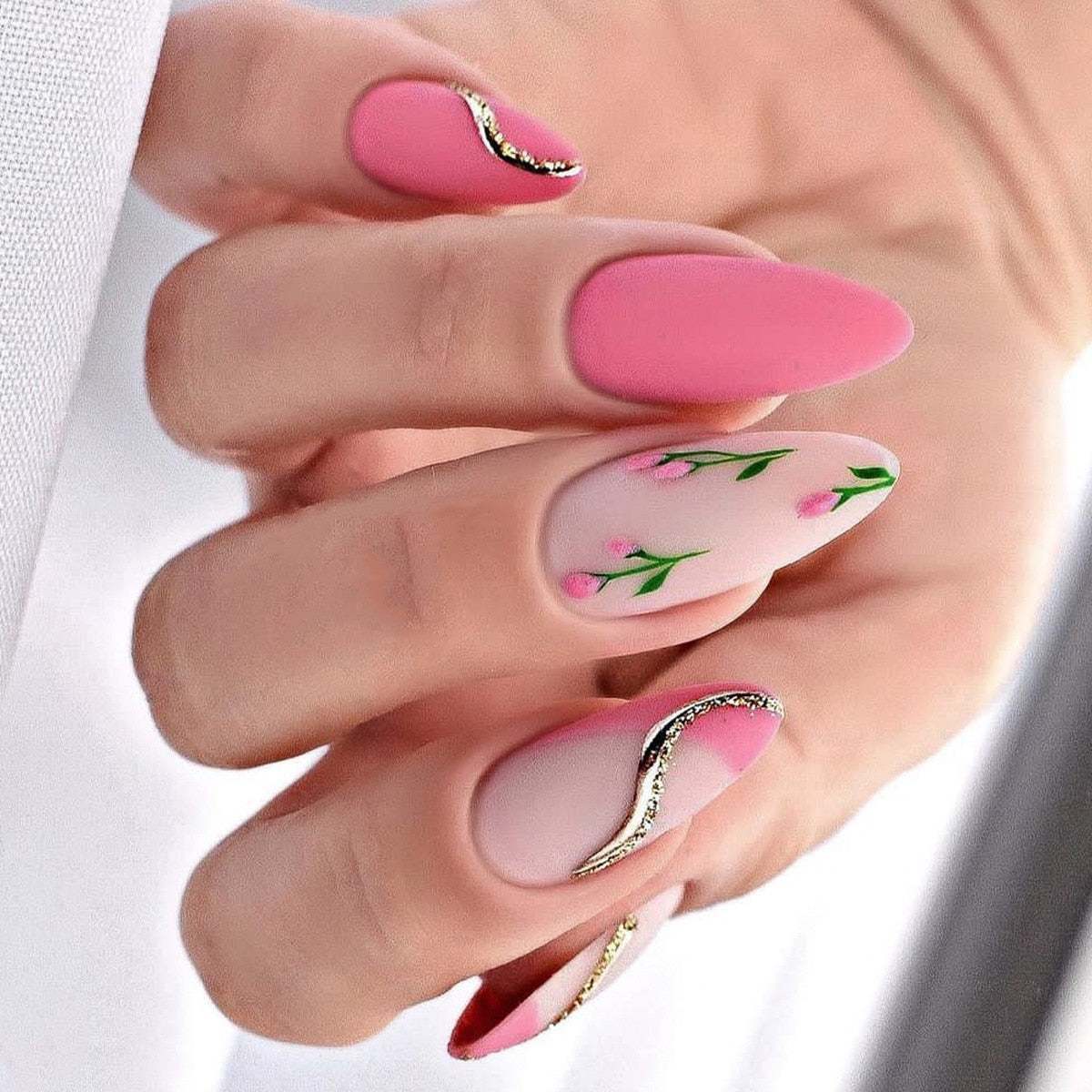 24Pcs Oval Head False Nails Pink Almond Artificial Fake Nails With Glue Full Cover Nail Tips Press On Nails DIY Manicure Tools Z14
