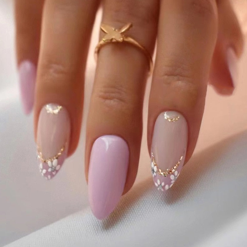 24Pcs Oval Head False Nails Pink Almond Artificial Fake Nails With Glue Full Cover Nail Tips Press On Nails DIY Manicure Tools B23-2
