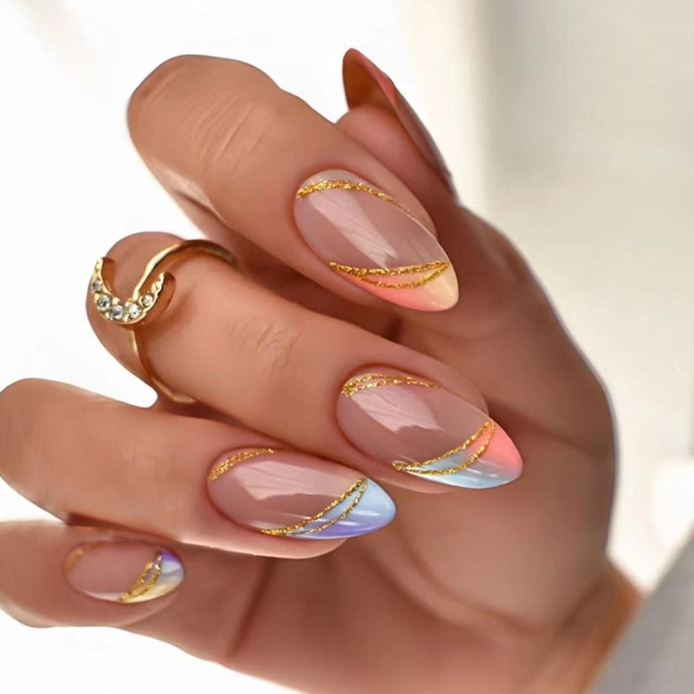 24Pcs Oval Head False Nails Pink Almond Artificial Fake Nails With Glue Full Cover Nail Tips Press On Nails DIY Manicure Tools Z12