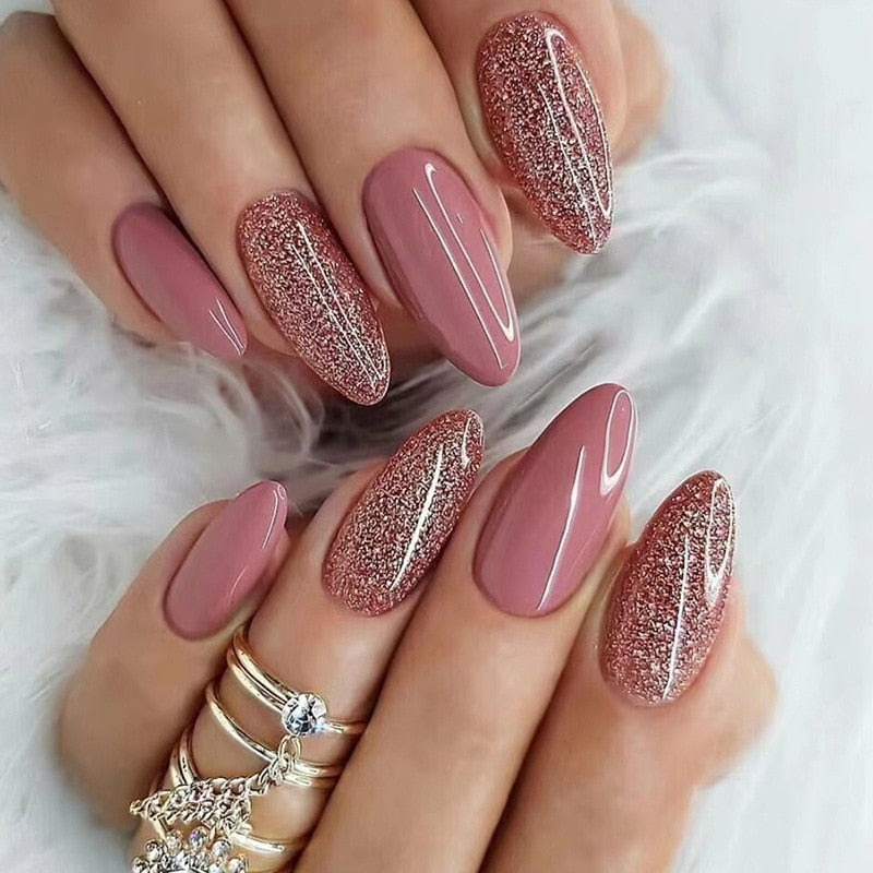 24Pcs Oval Head False Nails Pink Almond Artificial Fake Nails With Glue Full Cover Nail Tips Press On Nails DIY Manicure Tools Z15 1