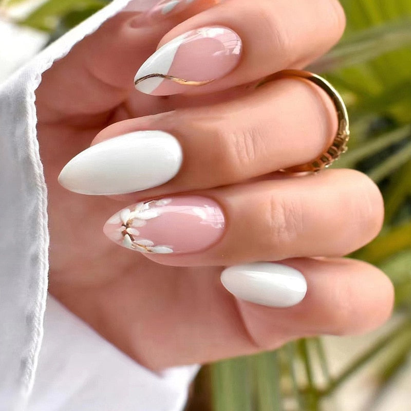 24Pcs Oval Head False Nails Pink Almond Artificial Fake Nails With Glue Full Cover Nail Tips Press On Nails DIY Manicure Tools Z01