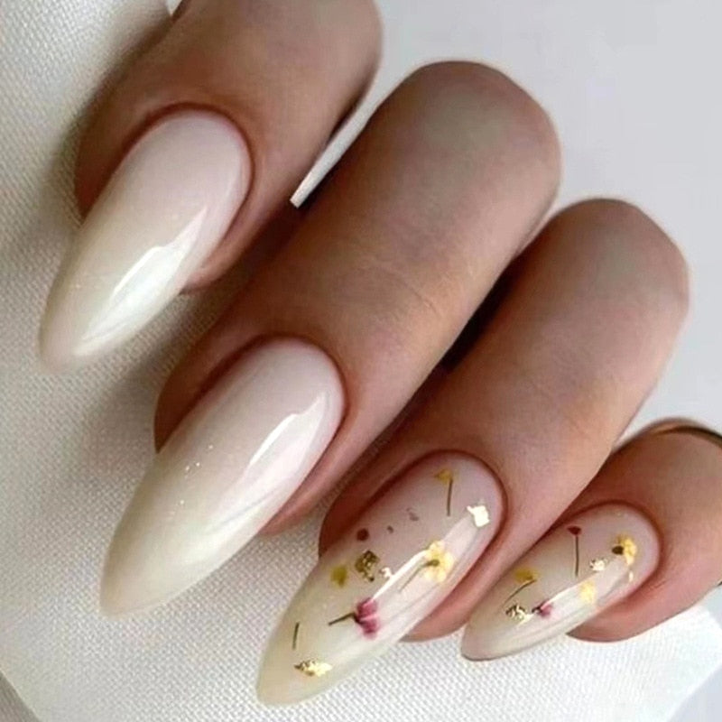 24Pcs Pink Almond False Nails Shiny Golden Ripples Stiletto Fake Nails Detachable Oval Full Cover Press on Nails Tips Manicure 726