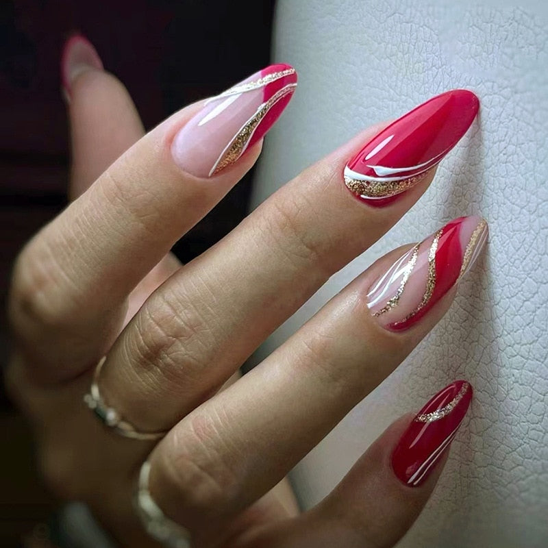 24Pcs Pink Almond False Nails Shiny Golden Ripples Stiletto Fake Nails Detachable Oval Full Cover Press on Nails Tips Manicure 745