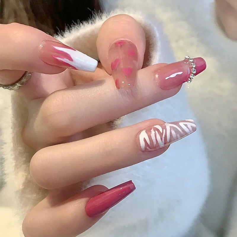 24Pcs Pink French False Nails French with Rhinestone Acrylic Fake Nail Tips Detachable Coffin Press on Nails Full Cover Manicure 15220